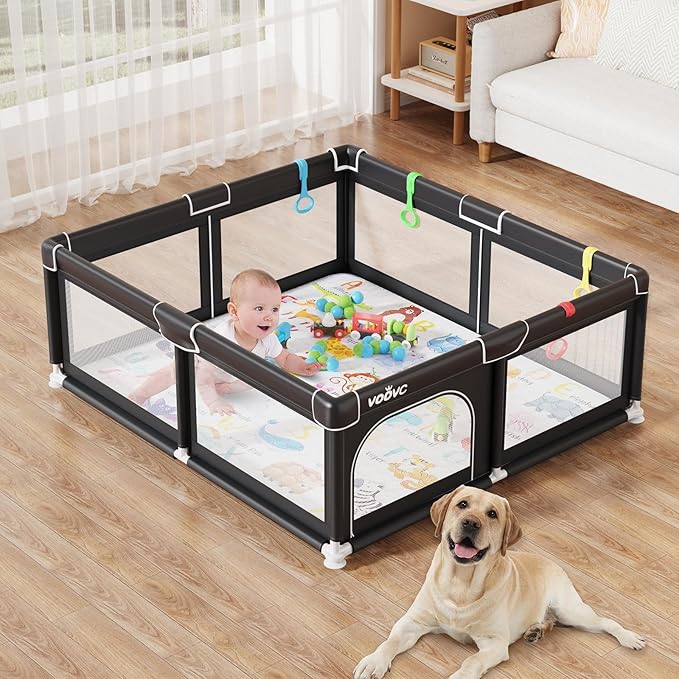 Premium Baby Playpen with Mat, 71x60 Inches Extra Large Playpen for Babies and Toddlers, Indoor & Outdoor Activity Center, Safety Baby Play Pen with Gate Prints Black