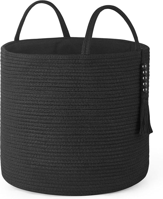 Mkono Woven Storage Basket Decorative Natural Rope Basket Wooden Bead Decoration for Blankets,Toys,Clothes,Shoes,Plant Organizer Bin with Handles Living Room Home Decor, 16"W×13.8"L, Black