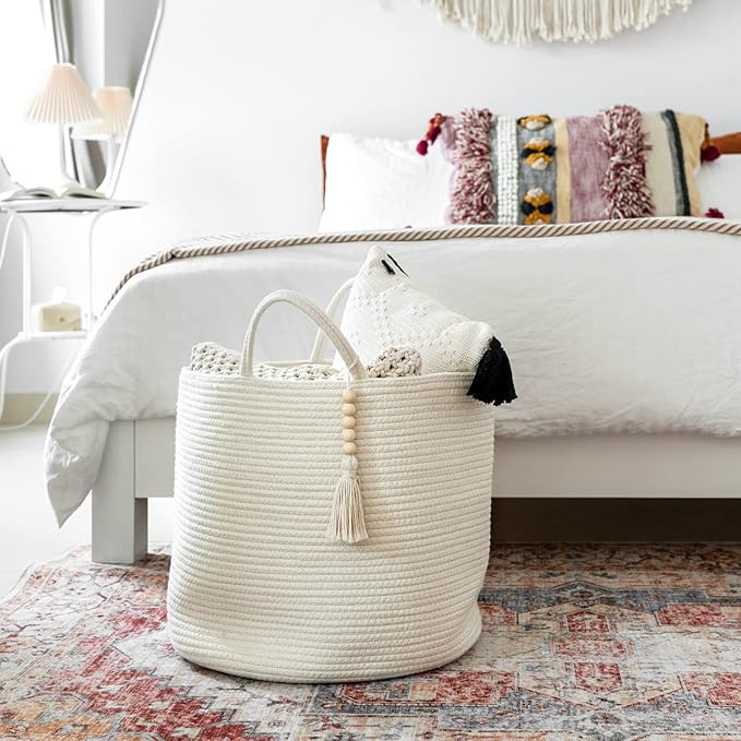 Mkono Woven Storage Basket Decorative Natural Rope Basket Wooden Bead Decoration for Blankets,Toys,Clothes,Shoes,Plant Organizer Bin with Handles Living Room Home Decor, White, 16" W × 13.8" L