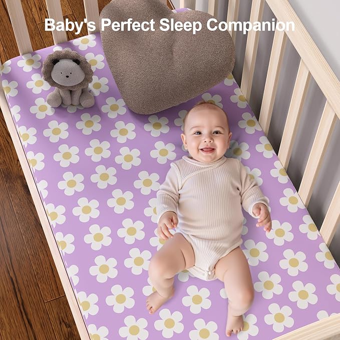 Pack N Play Sheets Fitted, 2-Pack Fit for Standard Pack N Play Mattress, Mini Crib Sheets,Breathable Soft Unisex Playard Sheets (Daisy & Black Butterfly)