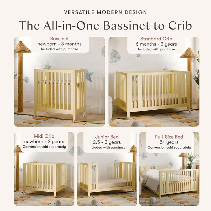 Babyletto Rolli 9-in-1 Convertible Baby Crib with Wheels - Includes Conversion Kits for Bassinet, Standard Crib, Toddler Bed, Daybed & Junior Bed - GREENGUARD Gold - 3 Adjustable Heights - Pale Yellow