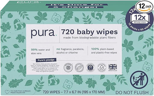 Pura Baby Wipes 12 x 60 Wipes (720 Wipes), 100% Plastic-Free & Plant Based Wipes, 99% Water, Suitable for Sensitive & Eczema-prone Skin, Fragrance Free & Hypoallergenic, EWG, Cruelty Free