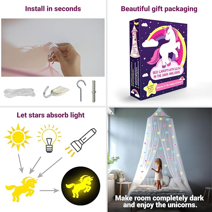 Canopy for Girls Bed with Pre-Glued Glow in The Dark Unicorns - Princess Mosquito Net Room Decor - Kids & Baby Bedroom Tent with Galaxy Lights - 1 Opening Canopy Bed & Hanging Kit Included