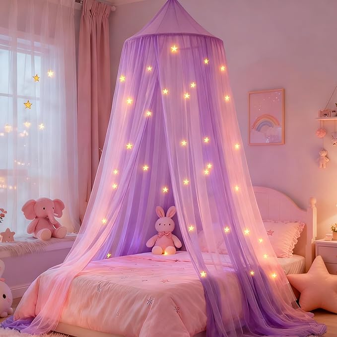 Pink Purple Bed Canopy with Glow in The Dark Stars,X-Large Princess Rainbow Bed Curtains Mosquito Netting for Girls Bedroom,Kids Fairy Dream Play Hanging Canopy Tent for Room