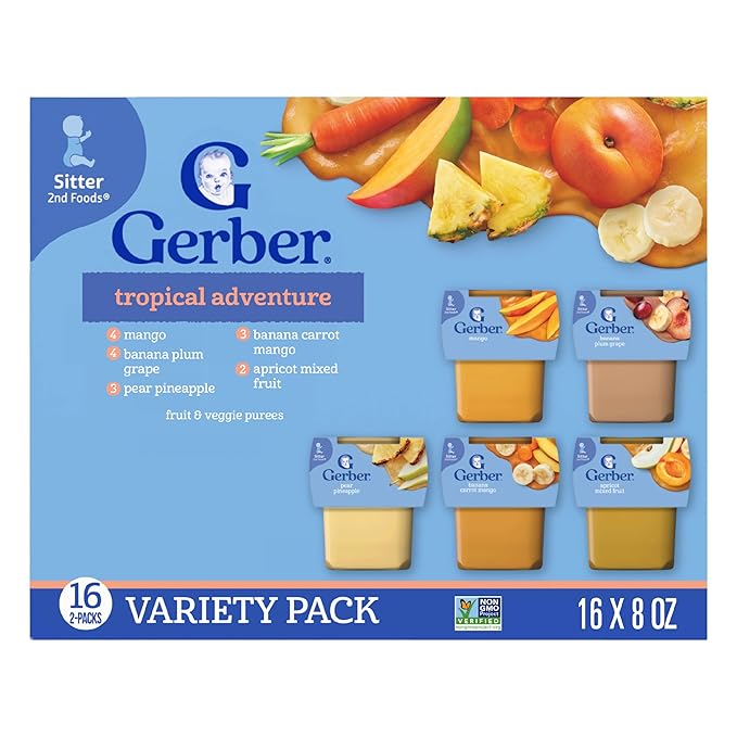 Gerber Stage 2 Baby Food, Tropical Adventure Puree Tubs, No Added Colors or Flavors, Baby Puree, Variety 32-Pack