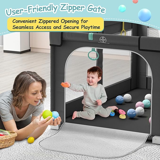 Tolead Foldable Playpen for Babies and Toddlers, 72" x 59" Extra Large Collapsible Play Pen with Basket, 4 Handlers & 50 Ocean Balls, Portable Travel Play Yard with Carry Bag, No Installation, Grey