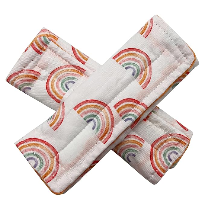 Baby Car Seat Neck Cover, Car Seat Strap Cover, Seat Belt Cushions Pads, Shoulder Strap Protectors, Reversible Pram Harness Covers in Minky Floral, Baby Neck Pad Protector, Rainbow