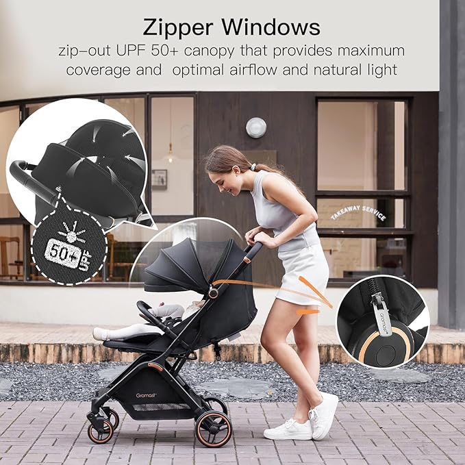 Gravity Folding Baby Stroller - Portable Travel Toddler Stroller w/Adjustable Backrest & Canopy, Lightweight and UV Protected, One-Hand Automatic Folding - Black