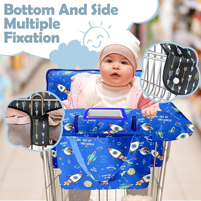 Shopping Cart Cover for Baby Girl Boy 2-in-1 High Chair Water Resistant High Chair Cover Blue Space Rocket Gender Neutral Cart Cover for Babies Padded Grocery Cart Cover for Baby