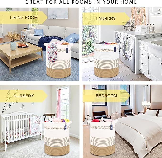 COMSE Extra Large Blanket Basket, Tall Laundry Basket, Nursery Hamper, 15.7”x 21.7”, Cotton Rope Woven Laundry Hamper for Storage Toys Clothes Towels, Brown & White