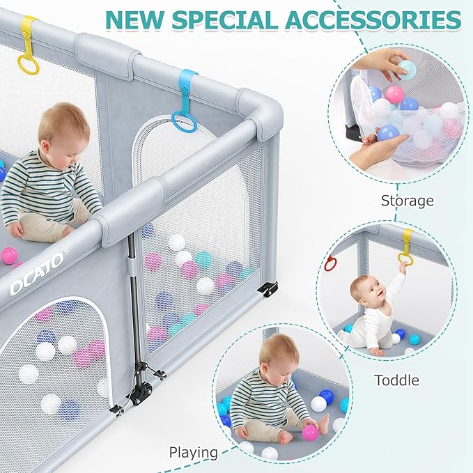 OCATO Baby Playpen: Foldable Playpen for Babies and Toddlers Large Play Pen Portable Playpen Fence Indoor Outdoor Kids Safety Area Travel Play Yard with 1 Storage Bags 4 Handlers 50 Balls (50" × 50")