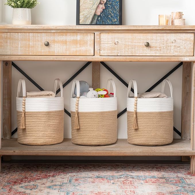 Mkono Woven Storage Basket Decorative Rope Basket Wooden Bead Decoration for Blankets,Toys,Clothes,Shoes,Plant Organizer Bin with Handles Living Room Home Decor, 11" W × 11" L, Cream White and Brown