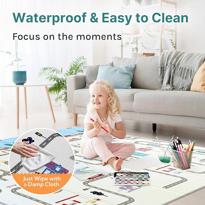 Foldable Baby Play Mat, Extra Large, Non-Toxic, Waterproof Activity Playmats for Babies, Education for Infant, Non-Slip Double Sided (79”x71” 0.6 in Milky) Boys and Girls