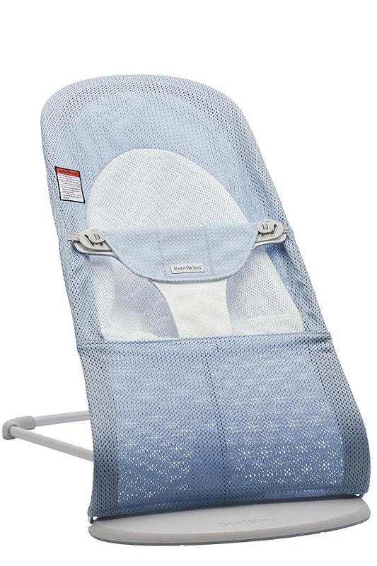 BabyBjörn Bouncer Balance Soft, Light Grey Frame, Mesh, Sky Blue/White, 2-in-1 Adjustable Baby Bouncer Seat and Toddler Chair, Newborn to Toddler (8-29 lbs), 4 Positions, Lightweight & Portable