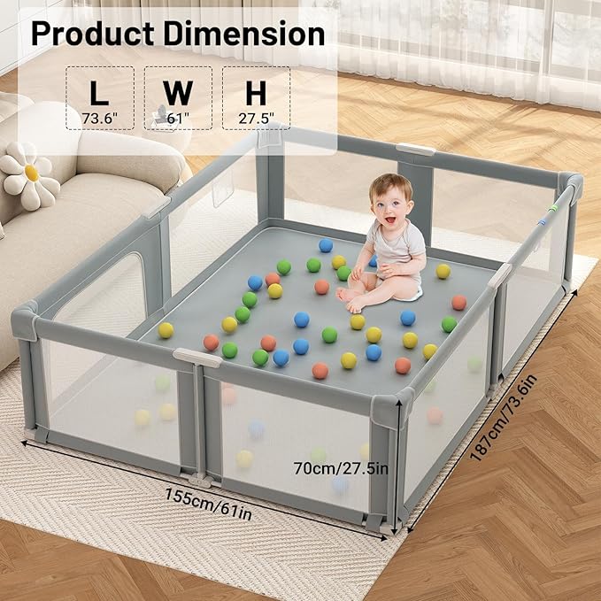 Baby Playpen with Mat for Babies and Toddlers, 73" x 61" Large Baby Play Pen Playard for Indoor & Outdoor with Soft Breathable Mesh, Ocean Balls and Pull Links, Dark Grey