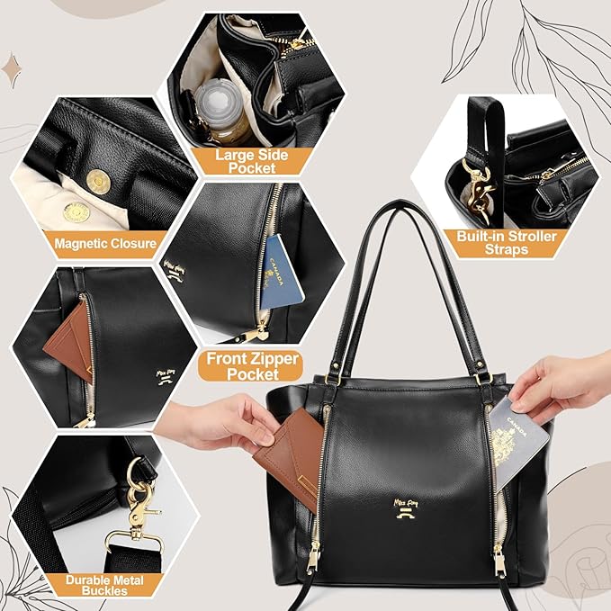 miss fong Diaper Bag Tote Leather Diaper Bag Backpack,Large Capacity Mommy Bag Hospital Bag,12 Pockets Travel Diaper Tote with Changing Pad,Stroller Straps & Insulated Pockets for Mom & Dad-Black