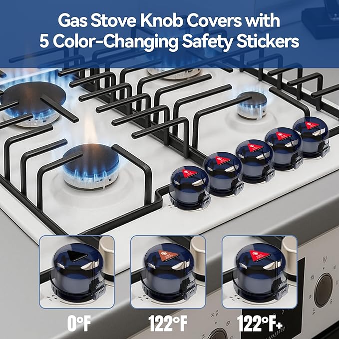 Stove Knob Safety Covers, 5Pcs Universal Size with 5 Heat Alert Stickers Oven Knob Covers for Child Safety, 2nd Gen Kitchen Burner Childproofing, Gas Stove Knob Locks for Kid Baby Pet (Black)
