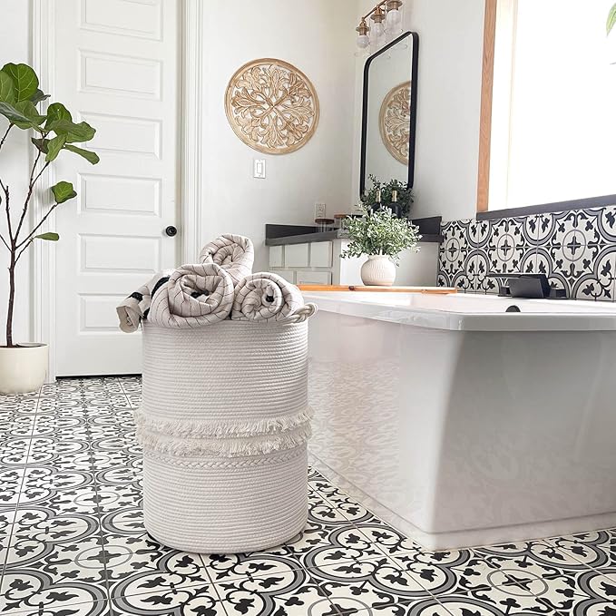 CherryNow Baby Laundry Hamper for Nursery, Tall Basket for Laundry Room, White Woven Storage Basket for Clothes, Toys, Towels, 16 x 22 inches, 69L