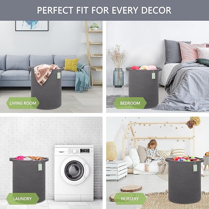 Large Cotton Rope Laundry Hamper 72L, Tall Baby Nursery Hamper, Woven Storage Basket for Living Room Bedroom, Laundry Basket for Storage Toys Clothes Towels, 16”x 22”, Dark Gray