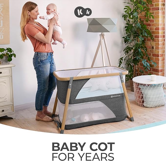Kinderkraft Sofi Portable Travel Crib for Baby, Convertible Sleeping Cot 4 in 1 with Easy to Pack Playpen, Comfortable Bassinet Mattress and an Additional Cradle Function