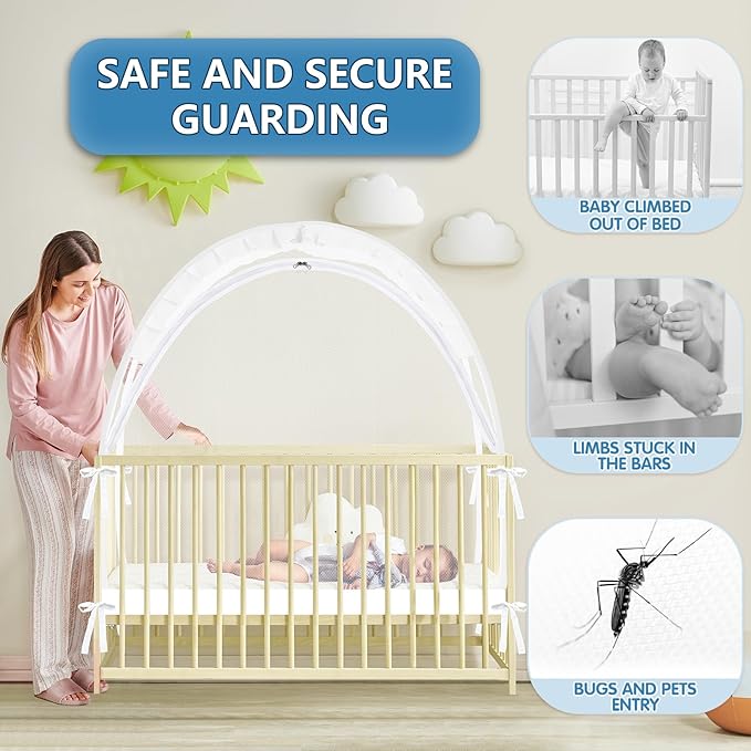 Crib Tent - Crib Net to Keep Baby in, Stop Baby from Climbing Out of Crib, Pop Up Baby Crib Tent with Double Zip Strong Rods and Breathable Net Clear Visibility Easy to Install (White, Large)