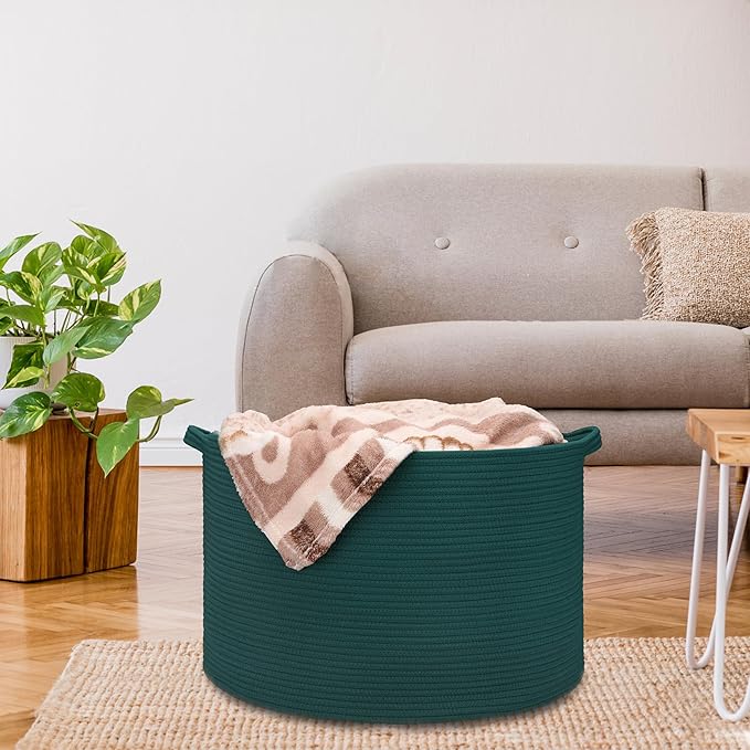 Extra Large Blanket Basket 87L, Laundry Hamper, Baby Nursery Hamper for Storage Toys Clothes Towels, Large Cotton Rope Laundry Basket for Girls Boys, 22”x 14”, Dark Green