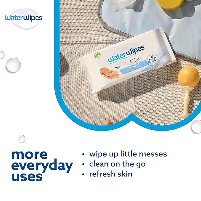 WaterWipes Sensitive+ Newborn & Baby Wipes, 3-In-1 Cleans, Cares, Protects, 99.9% Water, Unscented & Hypoallergenic, 540 Count (9 Packs)