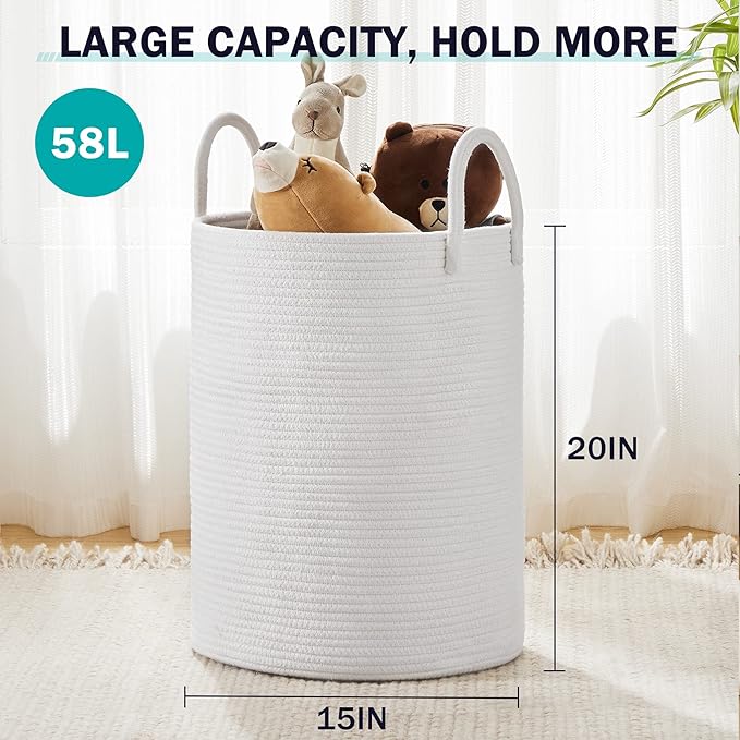 Woven Rope Laundry Hamper Basket by YOUDENOVA, 58L Tall Laundry Basket, Baby Nursery Hamper for Blanket Storage, Clothes Hamper for Laundry in Bedroom-Large-Pure White