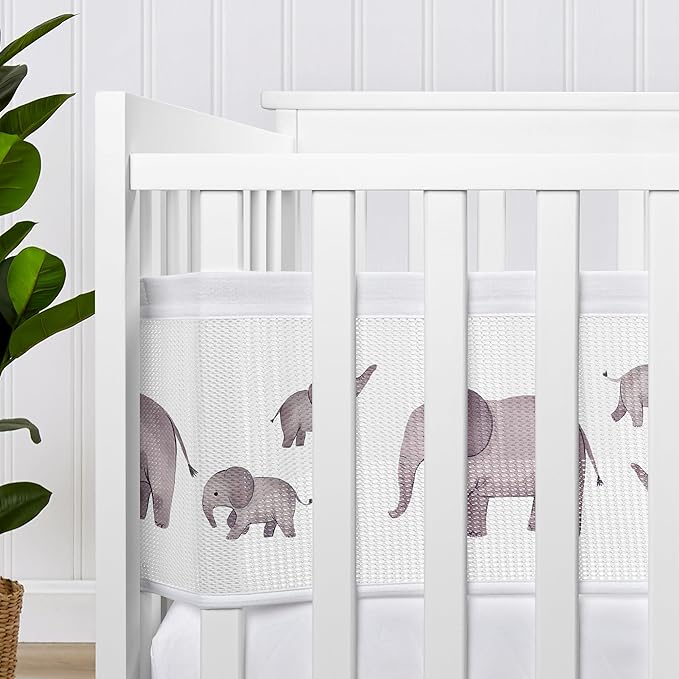 Sweet Jojo Designs + BreathableBaby 2-Piece Breathable Mesh Crib Liner Set (Watercolor Elephants) for Boys/Girls, Baby, Infants/Newborn Nursery (Grey, Jungle, Safari, Mom and Child Elephant, Tropical)
