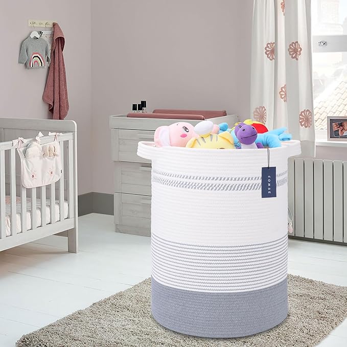COMSE Extra Large Blanket Basket, Tall Laundry Basket, Nursery Hamper, 15.7”x 21.7”, Cotton Rope Woven Laundry Hamper for Storage Toys Clothes Towels, Light Gray & White