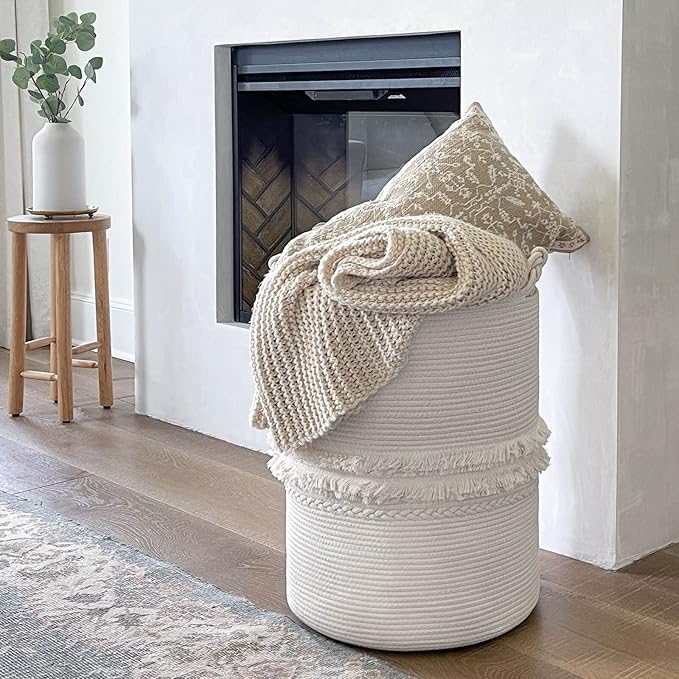 CherryNow Baby Laundry Hamper for Nursery, Tall Basket for Laundry Room, White Woven Storage Basket for Clothes, Toys, Towels, 16 x 22 inches, 69L