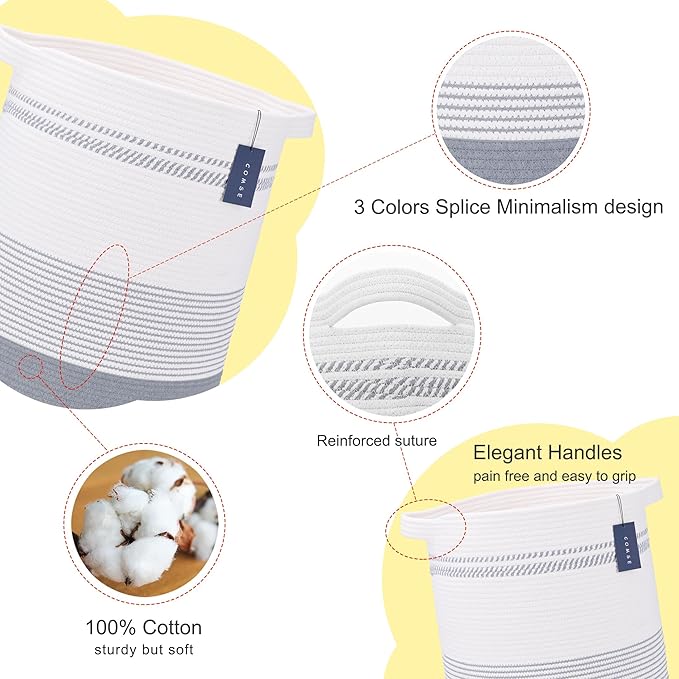 COMSE Extra Large Blanket Basket, Tall Laundry Basket, Nursery Hamper, 15.7”x 21.7”, Cotton Rope Woven Laundry Hamper for Storage Toys Clothes Towels, Light Gray & White