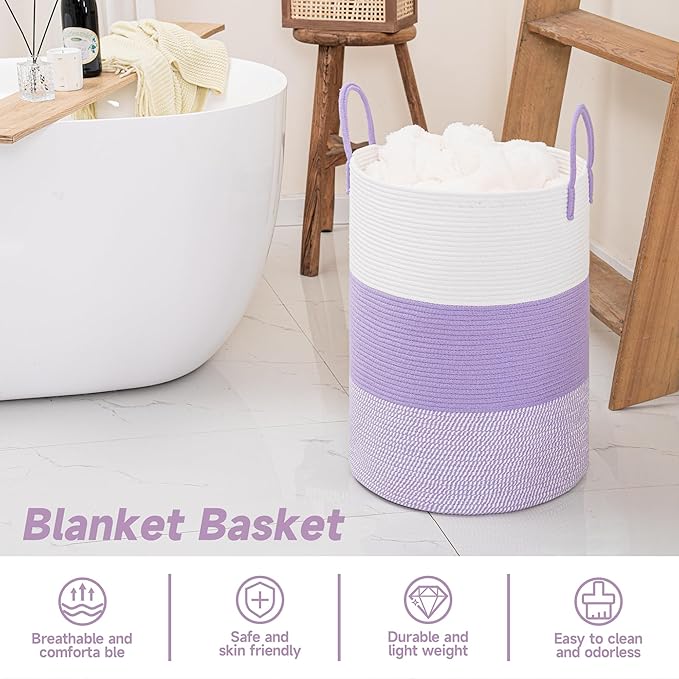 CLHMILY&Z 60L Laundry Basket Round Storage Rope Basket - 15x20.5 Inches - Lavender Hamper in Bedreoom and Cute Storage Bin for Blankets, Toys, and Nursery Essentials