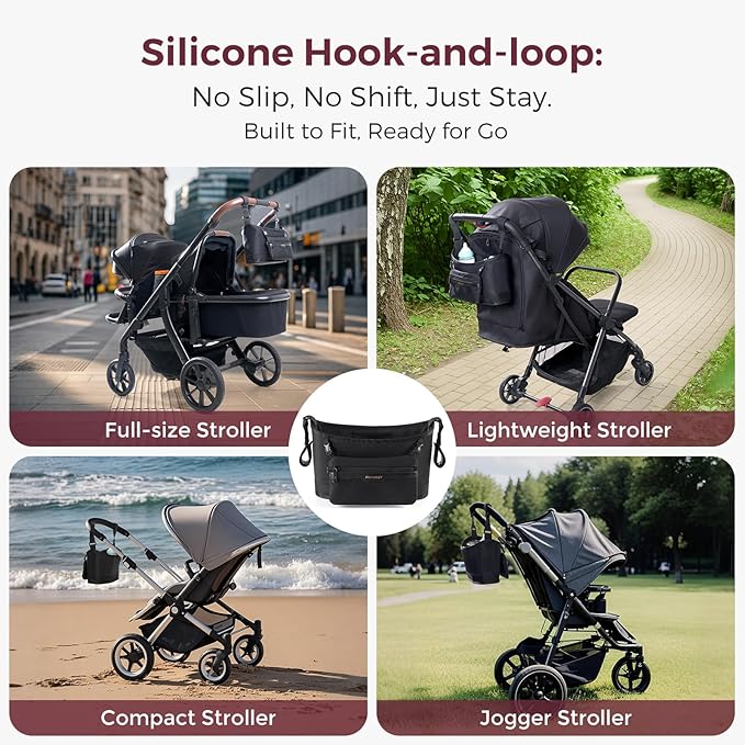 Momcozy Universal Stroller Organizer | Minimalist Caddy with 2 Insulated Bottle Holder | Silicone Anti-Slip Straps | Detachable Mini Pouch | Durable Dense-Weave, Fits for UPPAbaby/Doona & More