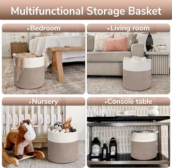 Goodpick Woven Laundry Basket, 15 x 14.2 Inches Cotton Rope Basket for Blankets, Soft Blanket Storage Baskets with Handles for Living Room, Woven Toy Storage Organizer for Nursery, Brown