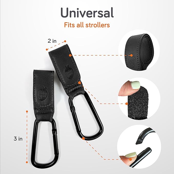 Baby Uma Stroller Hooks for Bags (2 Pack) - Faux-Leather Stroller Clips and Hooks, Universal, 11 lb Weight Capacity per Carabiner, Adjustable & Non-Slip, Baby Travel Essential (Black)