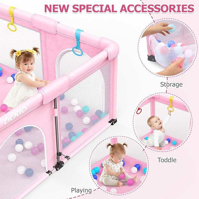 OCATO Baby Playpen: Foldable Playpen for Babies and Toddlers Large Play Pen Portable Playpen Fence Indoor Outdoor Kids Safety Area Travel Play Yard with 4 Handlers 50 Balls Baby Girl Gifts (50" × 50")