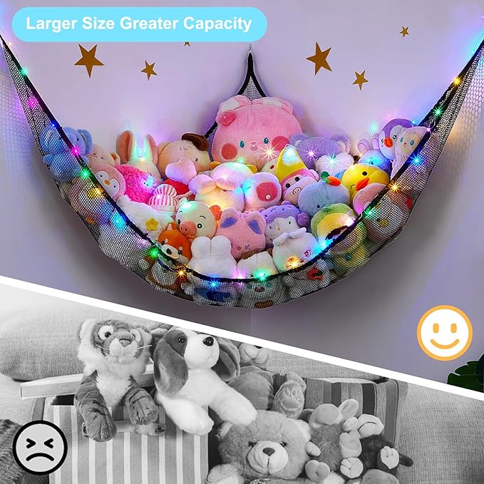 Unicorn Castle Stuffed Animals Net or Hammock Kids Toy Storage Organizer with LED Light Hanging Corner Stuffed Animals Holder Kids Girls Room Decor,Black,XL-Large-Pack of 1