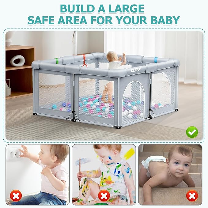 OCATO Baby Playpen: Foldable Playpen for Babies and Toddlers Large Play Pen Portable Playpen Fence Indoor Outdoor Kids Safety Area Travel Play Yard with 1 Storage Bags 4 Handlers 50 Balls (50" × 50")
