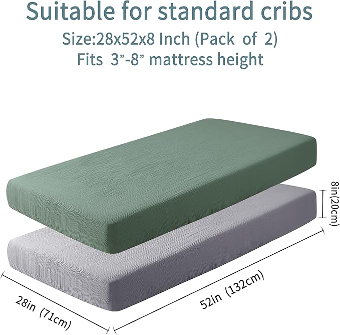 Muslin Crib Sheets for Boys Girls 100% Cotton Fitted Baby Crib Sheet 2 Pack Soft and Breathable for Standard Crib Mattress & Toddler Mattress 52x28in (Gray & Green)