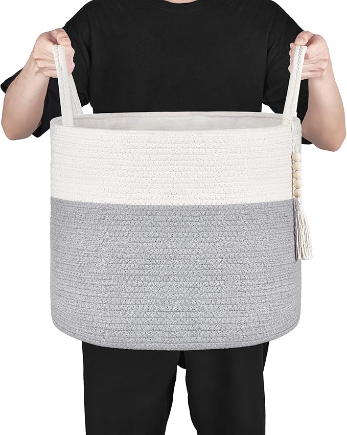 Mkono Woven Storage Basket Decorative Rope Basket Wooden Bead Decoration for Blankets,Toys,Clothes,PlantOrganizer Bin with Handles Living Room Home Decor, Grey and White, 16" W × 13.8" L