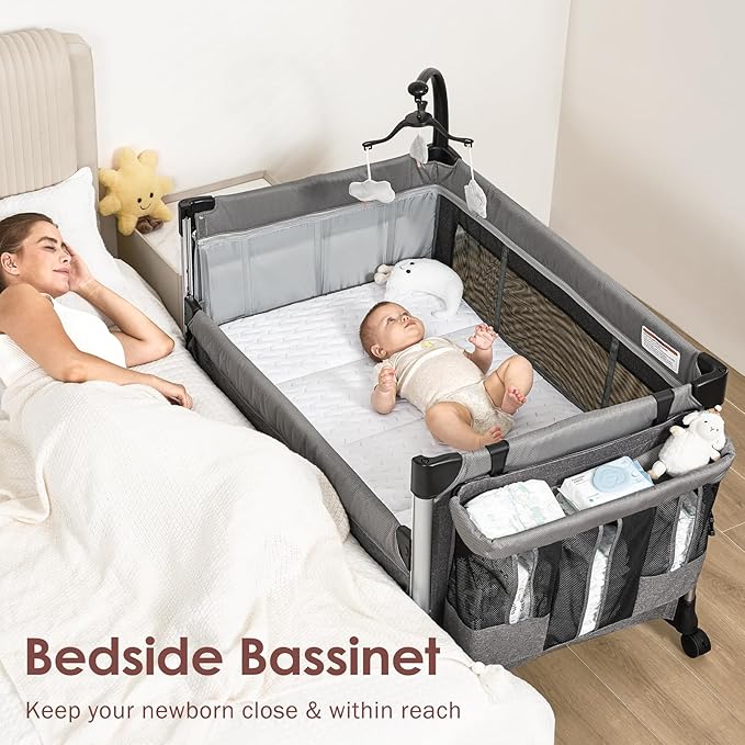 4-in-1 Baby Bassinet with Mattress - One-Push Setup Playard - Bedside Crib with Diaper Changer from Newborn to Toddler (Grey)