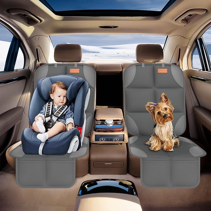 SMART ELF Car Seat Protector for Child Car Seat - Waterproof 600D Fabric Baby Seat Protectors for Non-Slip Backing Mesh Pockets for Baby and Pet, Easy Storage（Dark Gray）
