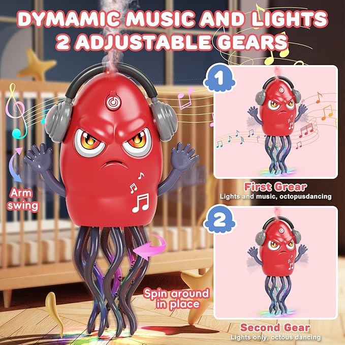Dancing Squid Toy with Spray, Dancing Octopus Crawling Toys with Music and Lights, Electric Crawling Octopus Baby Toy, Tummy Time Squid Toys, Birthday Baby Gifts Christmas Stocking Stuffers (Red)