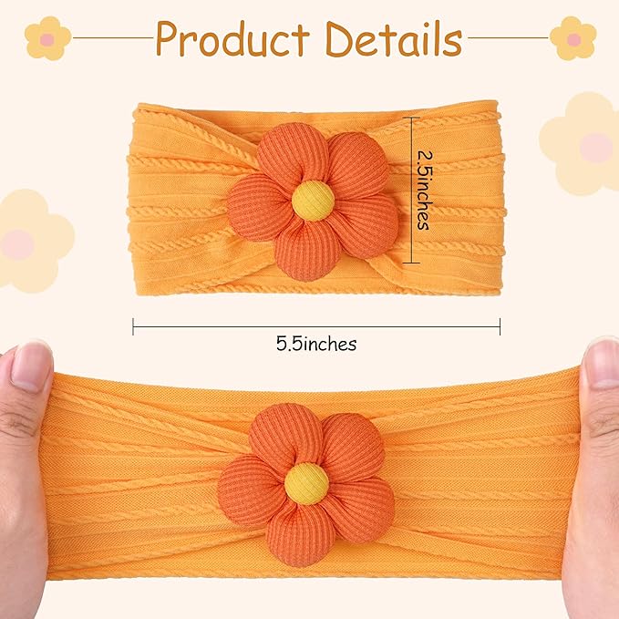CÉLLOT Baby Flower Headbands Baby Girls Nylon Headbands Baby Essentials Stretchy Hairbands Handmade Hair Accessories for Newborn Infant Toddlers Kids (Salmon+Yellow+Green)