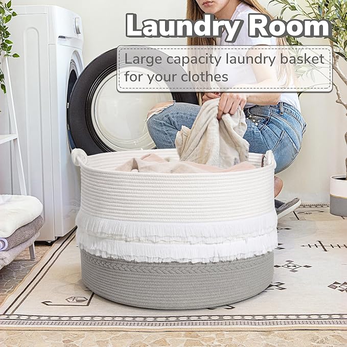 CherryNow Extra Large Rope Basket for Toys, Grey Blanket Basket for Living Room, Entryway, Nursery Laundry Baskets for Clothes, 22 x 14 inches, 83L