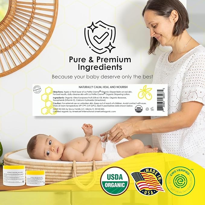La Petite Creme French Organic Diaper Balm (4 oz) - Healing & Nourishing Diaper Cream - Gentle & Safe Liniment Baby Lotion - USDA Certified Organic - Baby Essentials for Newborn