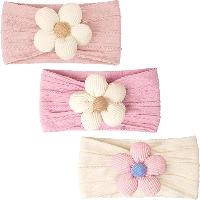 CÉLLOT 3 Pcs Baby Girl Headbands with Flower Nylon Headbands Soft Stretchy Headwear Hair Accessories for Newborn Infant Toddler Kids (Pink Beige Salmon)