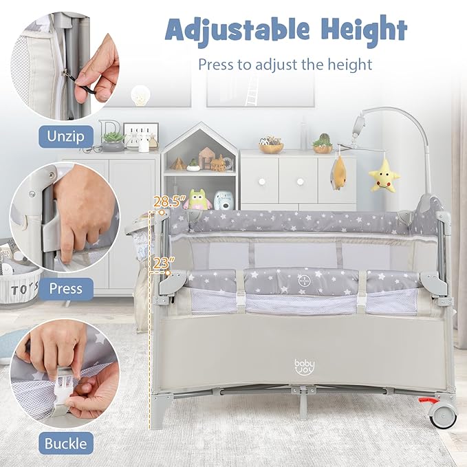 BABY JOY 5-in-1 Pack and Play, Portable Baby Bedside Sleeper with Bassinet, U-Shaped Diaper Changer, Safety Strap, Side Zipper Entrance, Hangings, Bedside Crib Playard from Newborn to Toddlers (Beige)