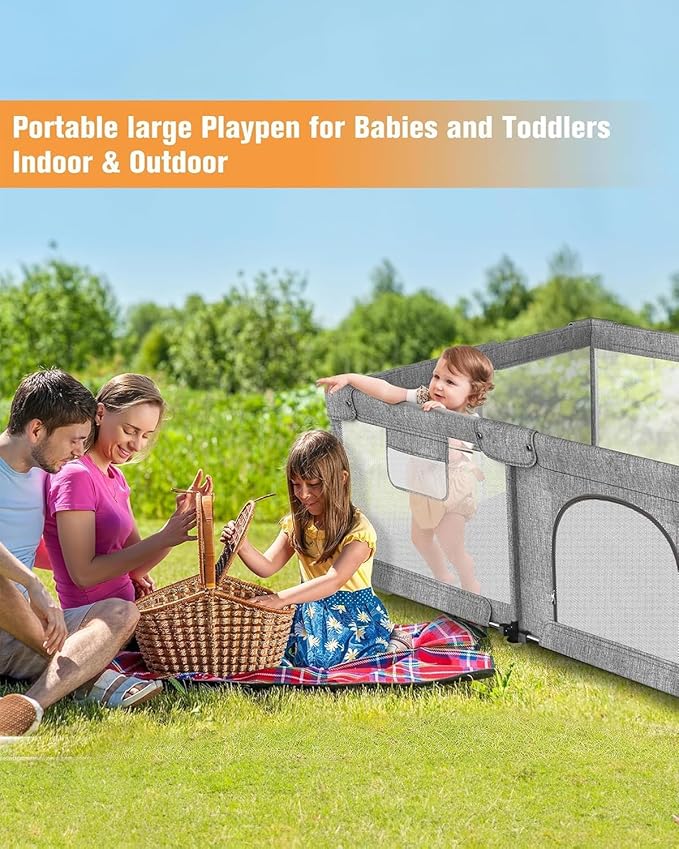 Foldable Baby Playpen with Gate, Extra Large Collapsible Play Yard for Babies & Toddlers, Portable Travel Playpen, Baby Activity Center for Indoor & Outdoor Use (Grey 59"×71")
